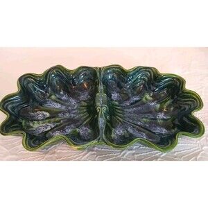 Vintage MCM  Cali Pottery Divided Leaf Dish CALIF. USA 30 Green Drip Glaze